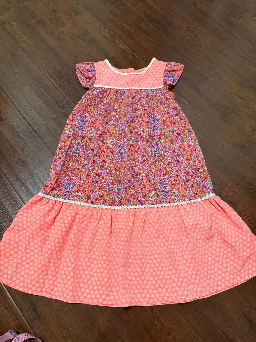 Coral Pink Floral Tiered Girls' Casual Dress
